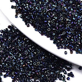 FGB 11/0 Grade A Glass Seed Beads, Cylinder, Uniform Seed Bead Size, Rainbow Plated, Prussian Blue, 1.5x1mm, Hole: 0.5mm, about 2000pcs/10g