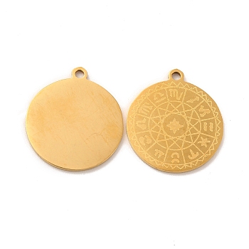 201 Stainless Steel Pendants, Flat Round with 12 Constellations Pattern Charms, Golden, 18x16.2x1mm, Hole: 1.4mm