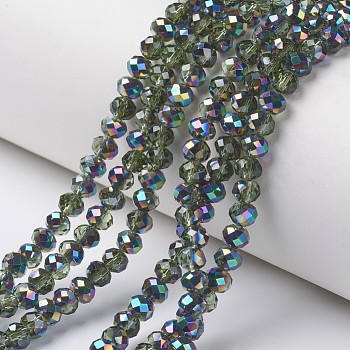 Electroplate Transparent Glass Beads Strands, Half Multi-color Plated, Faceted, Rondelle, Lime Green, 4x3mm, Hole: 0.4mm, about 113~115pcs/strand, 41~42cm