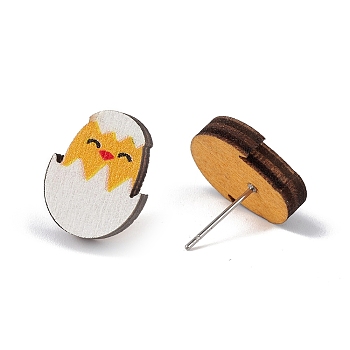 Natual Wood Easter Stud Earrings, 316 Stainless Steel Jewelry for Women, Chick Pattern, 15x11.5mm, Pin: 0.6mm