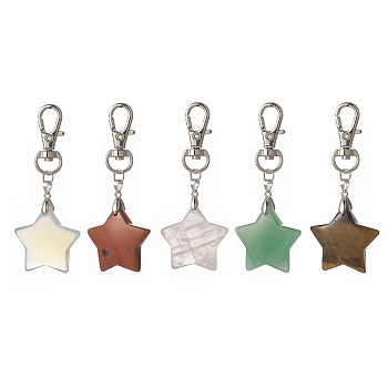 Natural Mixed Gemstone Pendants, with Alloy Swivel Lobster Claw Clasps Charm for Keychains Bag Decorations, Star, 74mm