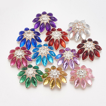 Brass Shank Buttons, with Rhinestone & Acrylic Rhinestone, 1-Hole, Faceted, Flower, Rose Gold, Mixed Color, 34~37x15mm, Hole: 1mm