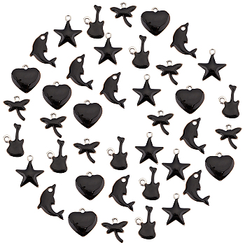 SUNNYCLUE 201 Stainless Steel Enamel Charms, Star & Guitar & Dolphin & Heart & Dragonfly, Stainless Steel Color, Black, 40pcs/box