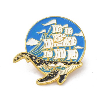 Whale with Vessel Enamel Pin, Ocean Animal Alloy Enamel Brooch for Backpacks Clothes, Golden, Dodger Blue, 30.5x30x9mm