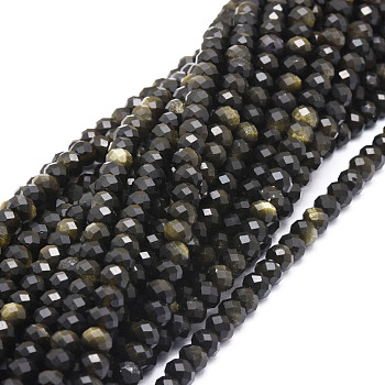 Natural Golden Sheen Obsidian Beads Strands, Faceted, Rondelle, 5.5~6x4~4.5mm, Hole: 1mm, about 95pcs/strand, 15.59''(39.6cm)