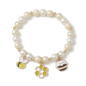 Alloy Enamel Bee Charm Bracelets, with Acrylic and Glass Pearl Round Beads, Golden, Inner Diameter: 2 inch(5.1cm)