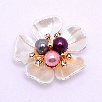 ABS Imitation Pearl Cabochons Accessories, Imitation  Shell ABS Petaline, with Crystal Glass Rhinestone and Light Gold Alloy Finding, for Jewelry Making, Flower, Colorful, 35.5x37x13.5mm