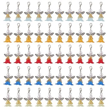 50Pcs 5 Colors Angel Acrylic & ABS Plastic Imitation Pearl Pendant Decorations, Lobster Claw Clasps Charms for Bag Ornaments, Mixed Color, 65mm, 10pcs/color