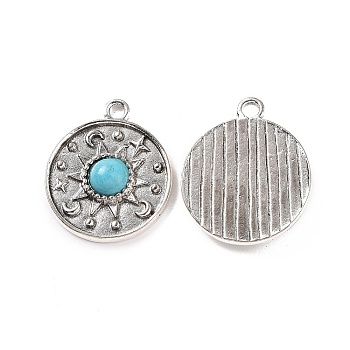 Alloy Pendants, Flat Round Charms, with Synthetic Turquoise, Antique Silver, 23x20x5mm, Hole: 2mm