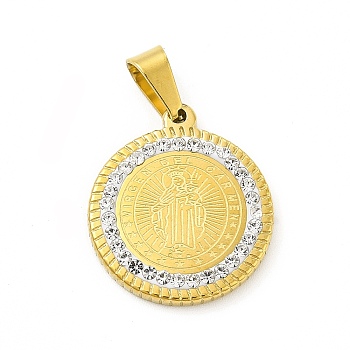 Vacuum Plating 304 Stainless Steel Pendants, with Crystal Polymer Clay Rhinestone, Flat Round with Virgen Del Carmen, Golden, 22x19x2.5mm, Hole: 6.5x4mm