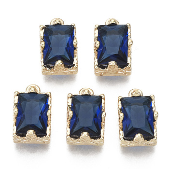 Glass Rhinestone Pendants, with Light Gold Plated Brass Claw Open Back Settings, Rectangle, Faceted, Sapphire, 10x6x5mm, Hole: 1mm