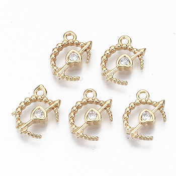 Brass Micro Pave Cubic Zirconia Charms, Light Gold, Long-Lasting Plated, Cadmium Free & Lead Free, Heart with Arrow, Clear, 12x9x2mm, Hole: 1.5mm