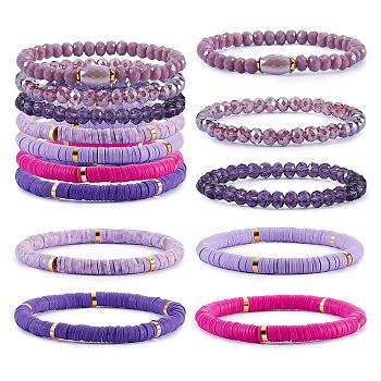 7Pcs 7 Style Handmade Polymer Clay Heishi Surfer Stretch Bracelets Set, Glass Beads Stackable Bracelets, Preppy Jewelry for Women, Purple, Inner Diameter: 2-1/8 inch(5.3cm), 1Pc/style