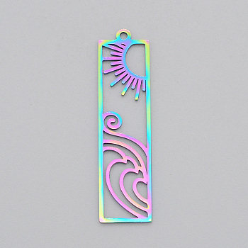 Ion Plating(IP) 201 Stainless Steel Pendants, Laser Cut, Rectangle with Sun, Rainbow Color, 41x11x1mm, Hole: 1.6mm