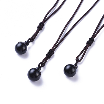 Natural Black Agate Pendant Necklaces, with Nylon Cord, Round, 27.55 inch(70cm)
