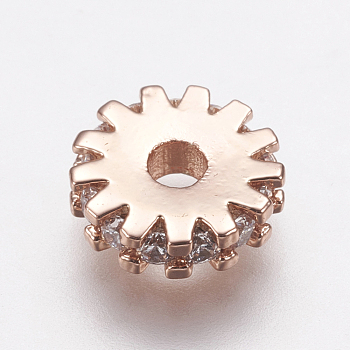 Brass Micro Pave Cubic Zirconia Bead Spacers, Flat Round/Gear, Clear, Rose Gold, 8x2mm, Hole: 2mm