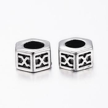 304 Stainless Steel European Beads, Large Hole Beads, Hexagon, Antique Silver, 8.5x5.5mm, Hole: 5mm