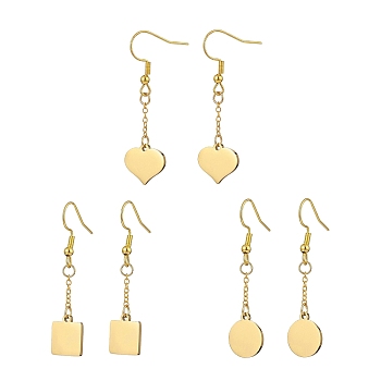 3 Pair 3 Style Heart & Flat Round & Square 304 Stainless Steel Dangle Earrings, Brass Chains Tassel Drop Earrings for Women, Golden, 45~47mm, Pin: 0.7mm, 1 Pair/style