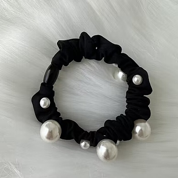 Cloth Elastic Hair Accessories, with ABS Imitation Pearl Bead, for Girls or Women, Scrunchie/Scrunchy Hair Ties, Black, 60mm