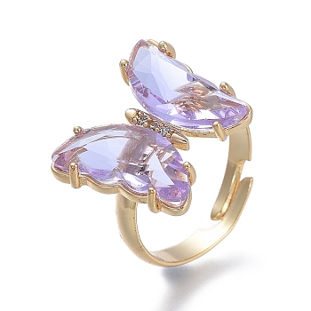 Adjustable Brass Glass Finger Rings, with Clear Cubic Zirconia, Butterfly, Golden, Lilac, Size 7, Inner Diameter: 17mm