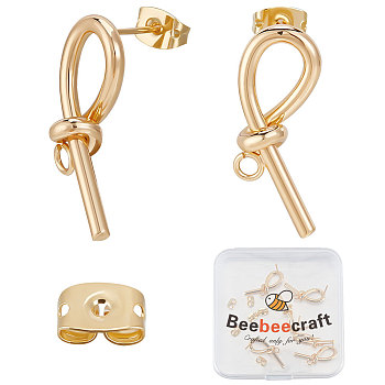 Beebeecraft 10Pcs Brass Knot Stud Earring Findings, with Horizontal Loops & Friction Ear Nuts, Real 18K Gold Plated, 22x9mm, Hole: 2mm, Pin: 0.7mm