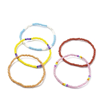 5Pcs 5 Color Glass Seed Beaded Stretch Bracelets Set, Mixed Color, Inner Diameter: 2-1/8 inch(5.3cm), 1Pc/color