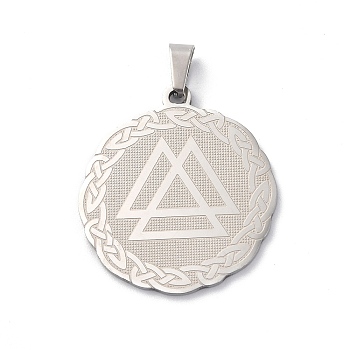 304 Stainless Steel Pendants, Flat Round with Valknut Charm, Stainless Steel Color, 33x30x1.5mm, Hole: 8x4mm