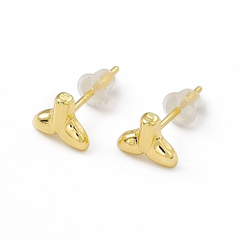 Brass Whale Tail Shape Stud Earrings for Women, Real 18K Gold Plated, 6x7mm, Pin: 0.8mm