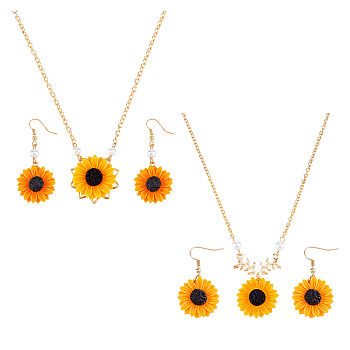 Sunflower Jewelry Set with Imitation Pearl Beaded, Plastic Dangle Earrings & Pendant Necklace, Gold, 45~55x24mm, 18.78~21.65 inch(47.7~55cm)