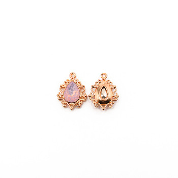 Alloy Pendants, with Rhinestone, Cadmium Free & Lead Free, Light Gold, Teardrop, Pink, 25x19x5mm, Hole: 1.6mm