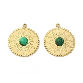 Natural Malachite Pendants, Flat Round Charms with Flower, with Vacuum Plating Real 18K Gold Plated 201 Stainless Steel Findings, 20.5x18x3.5mm, Hole: 1.5mm