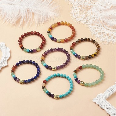 7Pcs 7 Style Natural & Synthetic Mixed Gemstone Stretch Bracelets Set with Alloy Buddha Head Beaded(BJEW-JB08783)-2