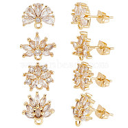 4 Pairs 4 Style Brass Cubic Zirconia Flower Stud Earring Findings, with Horizontal Loops, with 8Pcs Friction Ear Nuts, Golden, 14.5~15mm, 1 Pair/style(EJEW-BBC0001-11)