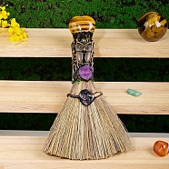 Natural Tiger Eye Heart Magic Broom, Mini Witch Broom, Reiki Stone For Cleansing Healing Fengshui, for Home Halloween Decor, 170x30mm(PW-WG62536-01)