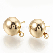 Iron Stud Earring Findings, with Loop, Nickel Free, Half Round, Real 18K Gold Plated, 10.5x8mm, Hole: 1mm, pin: 0.5mm(KK-P159-03G-NF)