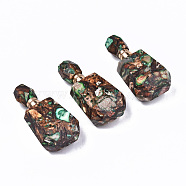 Assembled Synthetic Bronzite and Imperial Jasper Openable Perfume Bottle Pendants, with Light Gold Brass Findings, Dyed, Medium Sea Green, Capacity: 1ml(0.03 fl. oz), 42~43x22x15mm, Hole: 1.8mm(G-S366-059E)