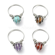 4Pcs 4 Style Natural Mixed Gemstone Round Beaded Finger Rings Set, Copper Wire Wrap Rings, Inner Diameter: 18mm, 1Pc/style(RJEW-TA00076)