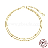 925 Sterling Silver Double Layered Cable Chain Anklet with Beads for Women, with S925 Stamp, Real 14K Gold Plated, 7-7/8 inch(20cm)(AJEW-F162-005G)