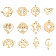 12Pcs 12 Styles 201 & 304 Stainless Steel Connector Charms, Heart & Flat Round with Tree & Compass, Mixed Color, 12~23x12.5~21x1mm, Hole: 1~1.5mm, 1pc/style(STAS-SZ0002-57)
