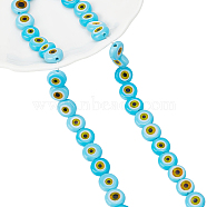 1 Strand Handmade Evil Eye Lampwork Beads Strands, Flat Round, Light Sky Blue, 8x3.2mm, Hole: 1mm(LAMP-NB0001-86B)