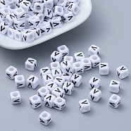 Acrylic Horizontal Hole Letter Beads, Cube, White, Letter V, Size: about 6mm wide, 6mm long, 6mm high, hole: about 3.2mm, about 2600pcs/500g(PL37C9308-V)