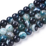 Natural Striped Agate/Banded Agate Beads Strands, Dyed & Heated, Round, Dark Cyan, 10mm, Hole: 1.2mm, about 37pcs/strand, 14.65 inch(37.2cm)(G-G582-10mm-42)