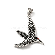 304 Stainless Steel Pendants with Light Siam Rhinestone, Bird, Antique Silver, 52x40x5mm, Hole: 8.5x5mm(STAS-E058-06AS)