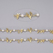3.28 Feet Handmade Brass Beaded Chains, with Brass Charms, Glass Imitation Pearl, Soldered, Long-Lasting Plated, Cross, White, Golden, 10.5x3.2x3mm, 3.5x2.5x0.3mm(X-CHC-I029-02G)