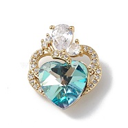 Real 18K Gold Plated Rack Plating Brass Micro Pave Clear Cubic Zirconia Pendants, with Glass, Long-Lasting Plated, Cadmium Free & Lead Free, Butterfly with Heart Charm, Pale Turquoise, 21x17.5x8mm, Hole: 3.5x2.5mm(KK-C015-11G-03)