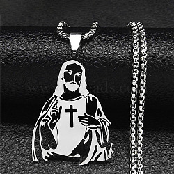 304 Stainless Steel Pendant Necklaces, Jesus, Stainless Steel Color, 23.62 inch(60cm)(NJEW-H015-07P)