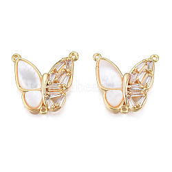 Brass Micro Clear Cubic Zirconia Chandelier Components Links, with Resin, Real 18K Gold Plated, Butterfly, Creamy White, 16x17x3mm, Hole: 0.7mm(KK-N231-299)