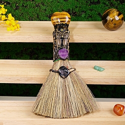 Natural Tiger Eye Heart Magic Broom, Mini Witch Broom, Reiki Stone For Cleansing Healing Fengshui, for Home Halloween Decor, 170x30mm(PW-WG62536-01)