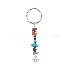 Natural Gemstone Chips Keychains, Alloy Charms Keychains with Iron Split Key Rings, Star, 8.3cm, Charm: 12x10x1mm(KEYC-JKC00474-01)