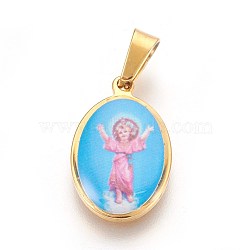 304 Stainless Steel Pendants, Oval with Divine Child Jesus, Golden, 21x13x2.5mm, Hole: 4x6mm(STAS-F185-24G)